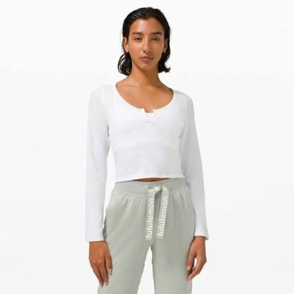 lululemon cropped henley long sleeve white fitted top